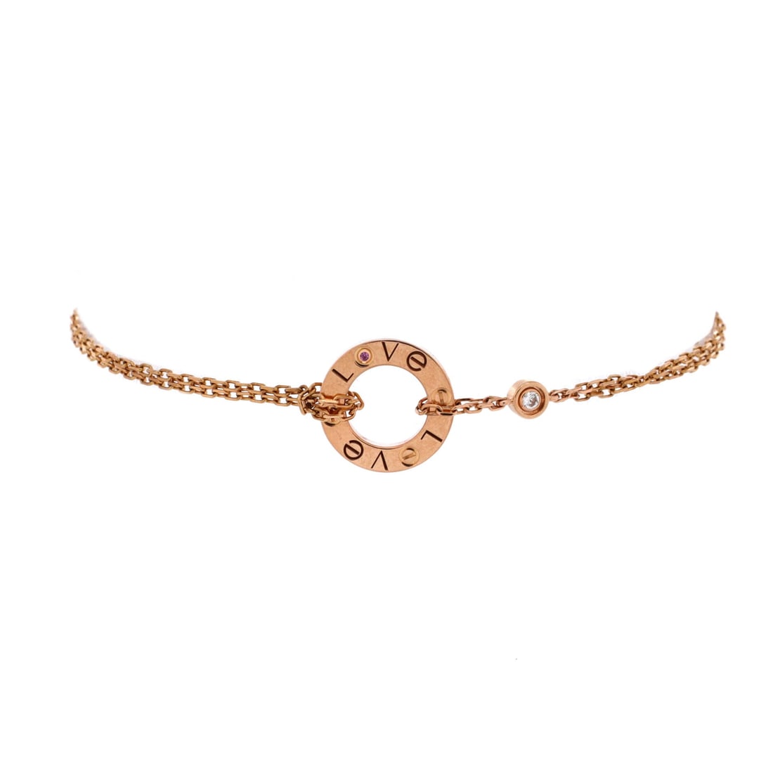 Cartier 2 Diamonds Love Bracelet 18K Rose Gold with Pink Sapphire and Diamond: A Cartier 2 Diamonds Love Bracelet in 18K rose gold with pink sapphire and diamond. Screw-set detailing on a piece built to be worn daily rather than locked away. Secure on the wrist and easy to layer