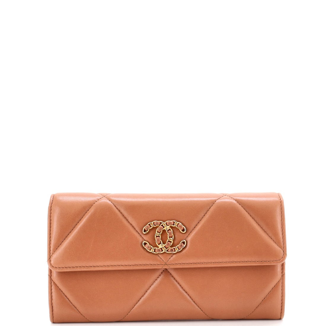 Chanel 19 Flap Wallet Quilted Lambskin: Chanel 19 Flap Wallet, quilted lambskin. The oversized quilting and mixed-metal chain give the 19 its relaxed, slightly slouchy attitude. Dimensions are 7.5"W x 4"H x 1"D. Shows as Grade C - Very Good