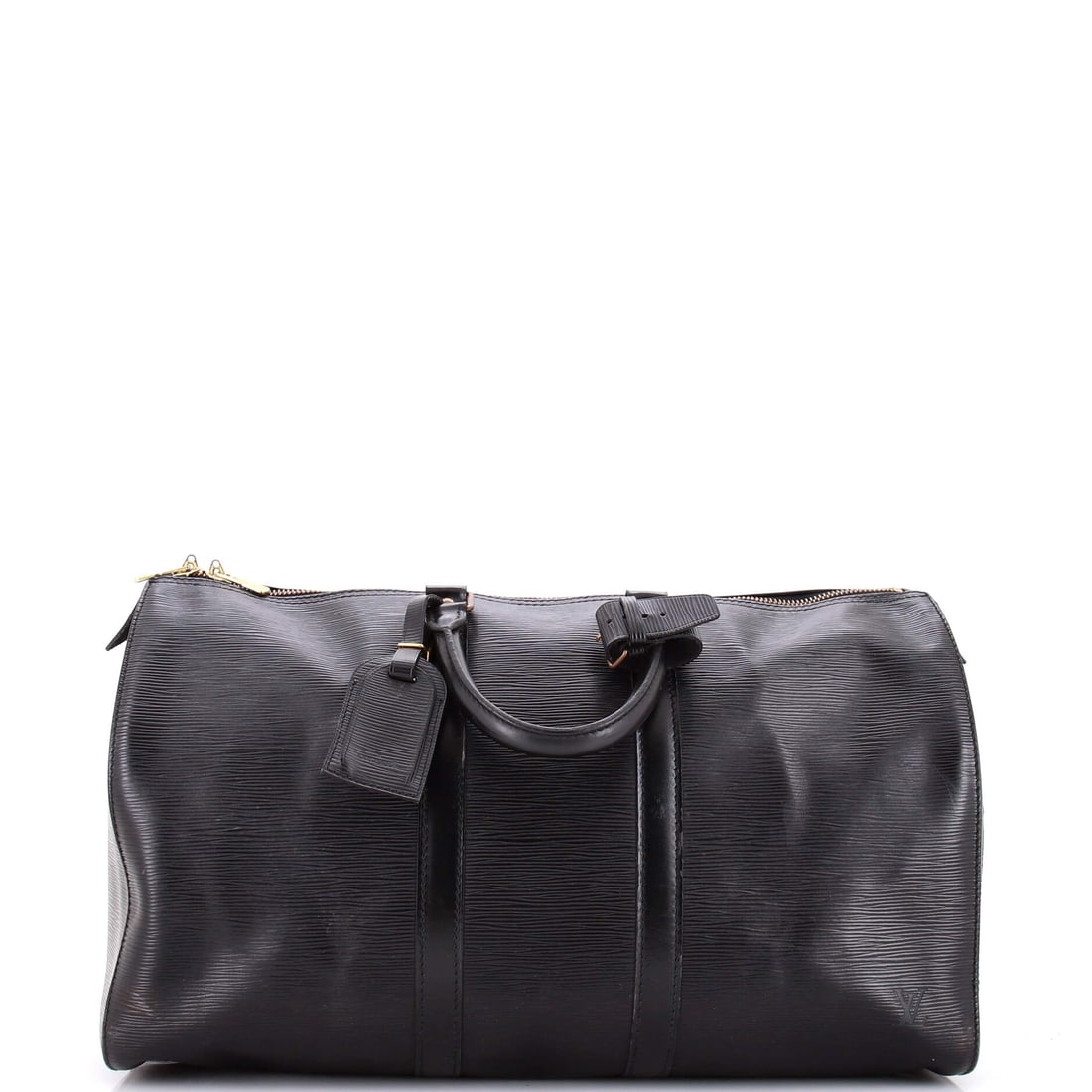 Louis Vuitton Keepall Bag Epi Leather: Epi leather, on a Louis Vuitton Keepall Bag. Built for short-haul travel, with the rolled leather handles that wear in rather than out. At 18.5"W x 11"H x 9.5"D, 4.5" handle drop, the proportions read