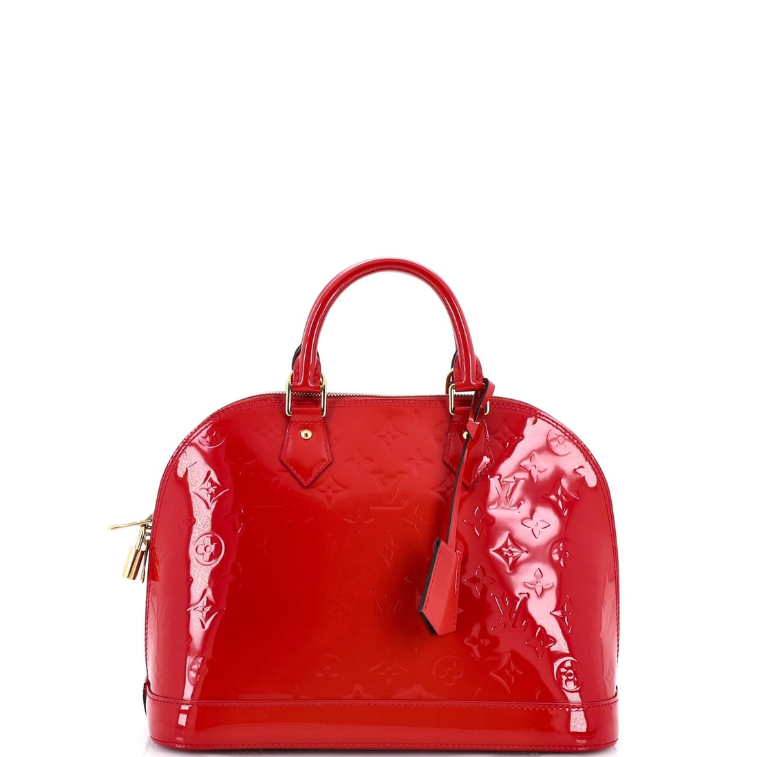 Louis Vuitton Alma Handbag Monogram Vernis: Monogram Vernis defines this Louis Vuitton Alma Handbag. One of the more put-together shapes in the line, with a frame that holds its line. Measurements run 12"W x 9"H x 6"D, 3.5" handle drop and 23" 
