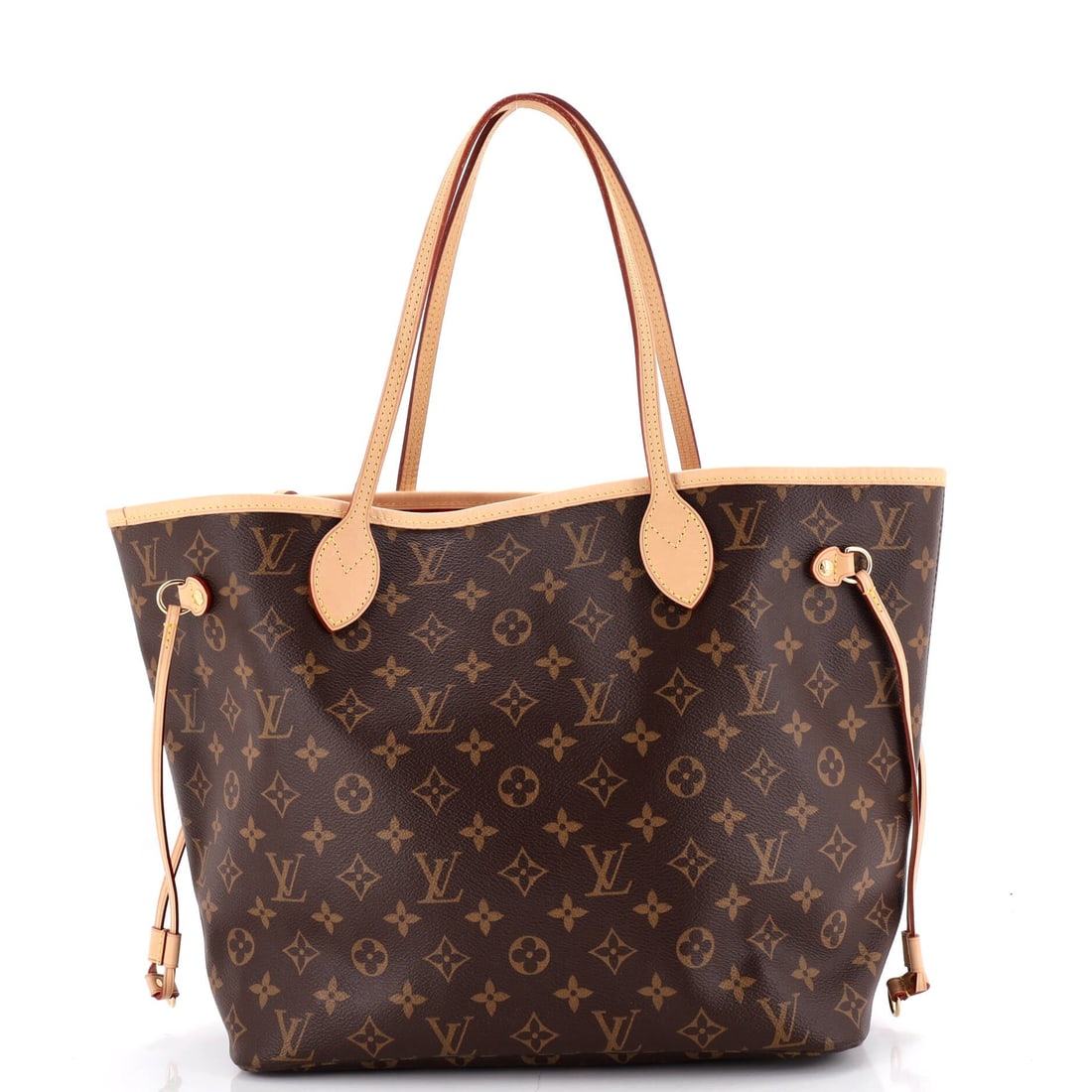 Louis Vuitton Neverfull NM Tote Monogram Canvas: Monogram canvas, on a Louis Vuitton Neverfull NM Tote. A no-closure tote built around volume, with shoulder straps that clear a coat. Scale sits at 12.5"W x 11"H x 7"D, 8" handle drop. Offered in Grad