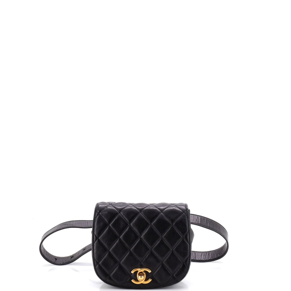 Chanel Vintage Flap Belt Bag Quilted Leather: Quilted leather defines this Chanel Vintage Flap Belt Bag. A compact crossbody on a slim strap. It measures 5.5"W x 5"H x 1"D, 13" strap drop. Grade D - Good. Maison de Beaubigonne authenticity guaran