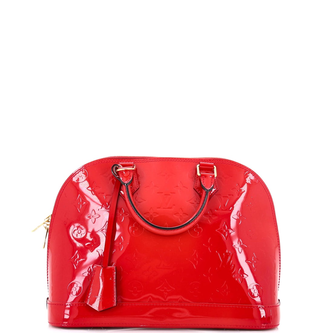 Louis Vuitton Alma Handbag Monogram Vernis: Monogram Vernis, on a Louis Vuitton Alma Handbag. One of the more put-together shapes in the line, with a frame that holds its line. It carries at 11.5"W x 9"H x 6"D, 3.5" handle drop and 23" strap dr