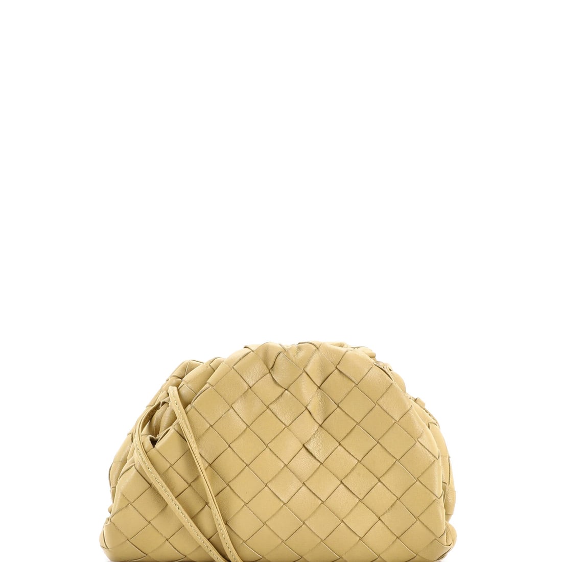 Bottega Veneta The Pouch Intrecciato Nappa: Here, the Bottega Veneta The Pouch. A gathered, sculptural clutch that folds in on itself, equal parts evening bag and object. 8"W x 5"H x 2"D, 26" strap drop, so the scale is easy to picture. Offered
