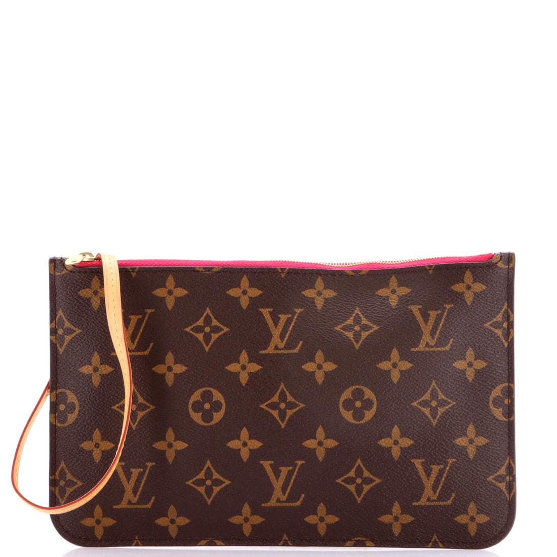Louis Vuitton Neverfull Pochette Monogram Canvas: Louis Vuitton Neverfull Pochette, Monogram canvas. The everyday carryall of the house, equally at ease with groceries or a work bag. At 9.5"W x 6"H x 1"D, 6" handle drop and 6" strap drop, the proport