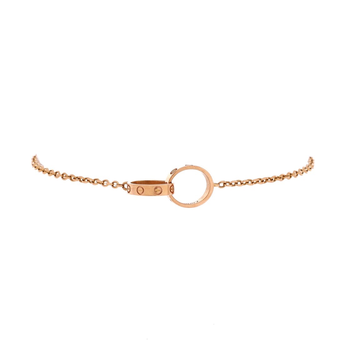 Cartier Love Interlocking Bracelet 18K Rose Gold: Cartier's Love Interlocking Bracelet, cut in 18K rose gold. Linked rounds in the Love idiom, screw detailing tying the forms together. Secure on the wrist and easy to layer or wear solo. Grade C - Ver