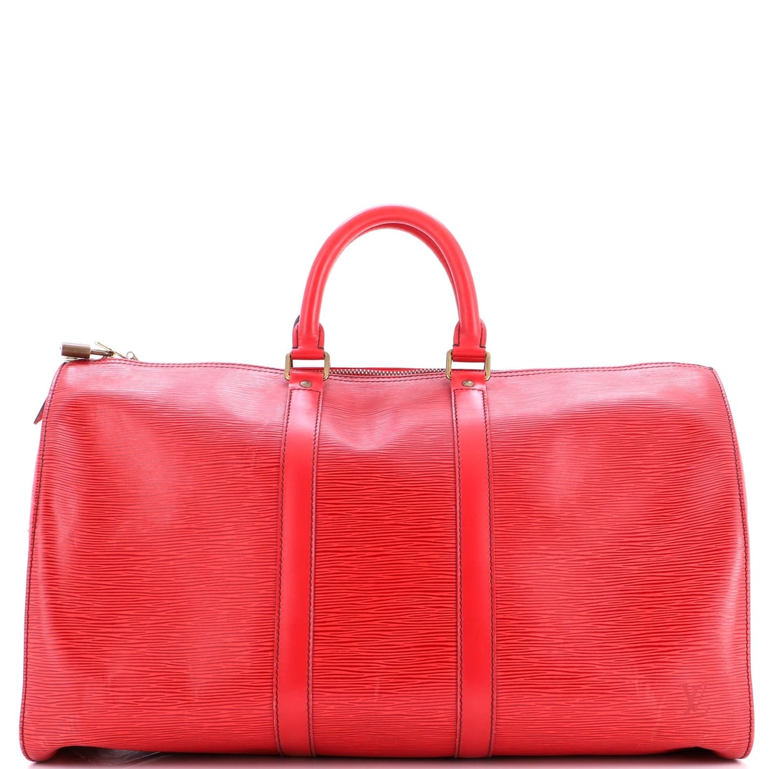 Louis Vuitton Keepall Bag Epi Leather: The Keepall Bag from Louis Vuitton, in Epi leather. A gym-to-getaway duffel that holds two or three days without looking overstuffed. 18.5"W x 11"H x 8"D, 4" handle drop, so the scale is easy to pictu
