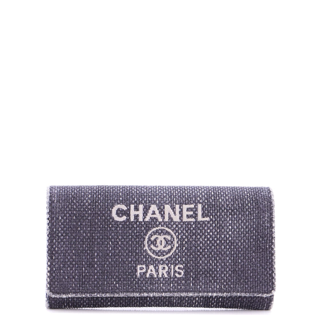 Chanel Deauville Flap Wallet Lurex Canvas: Chanel Deauville Flap Wallet, Lurex canvas. A folding wallet sized to live in a pocket or a bag. Dimensions are 8"W x 5"H x 1"D. A daily-use piece that puts the name in your hand every time you open i