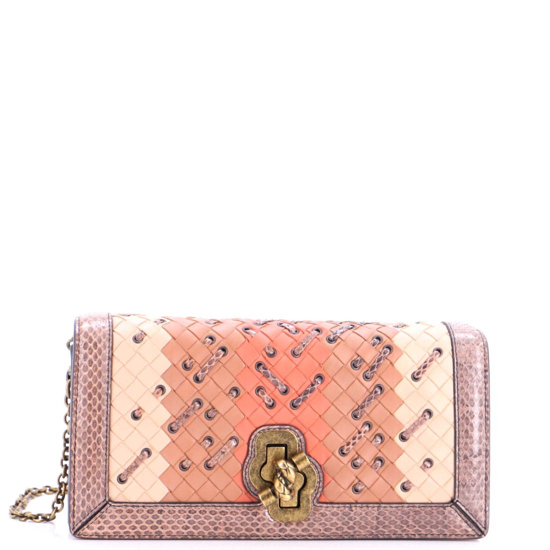 Bottega Veneta Club Stitch Olimpia Knot Flap Bag Intrecciato Nappa and Snakeskin: The Club Stitch Olimpia Knot Flap Bag from Bottega Veneta, in Intrecciato nappa and Snakeskin. A quilted-weave shoulder bag on a chain-and-leather strap, with a refined, eveningward profile. 10"W x 6"