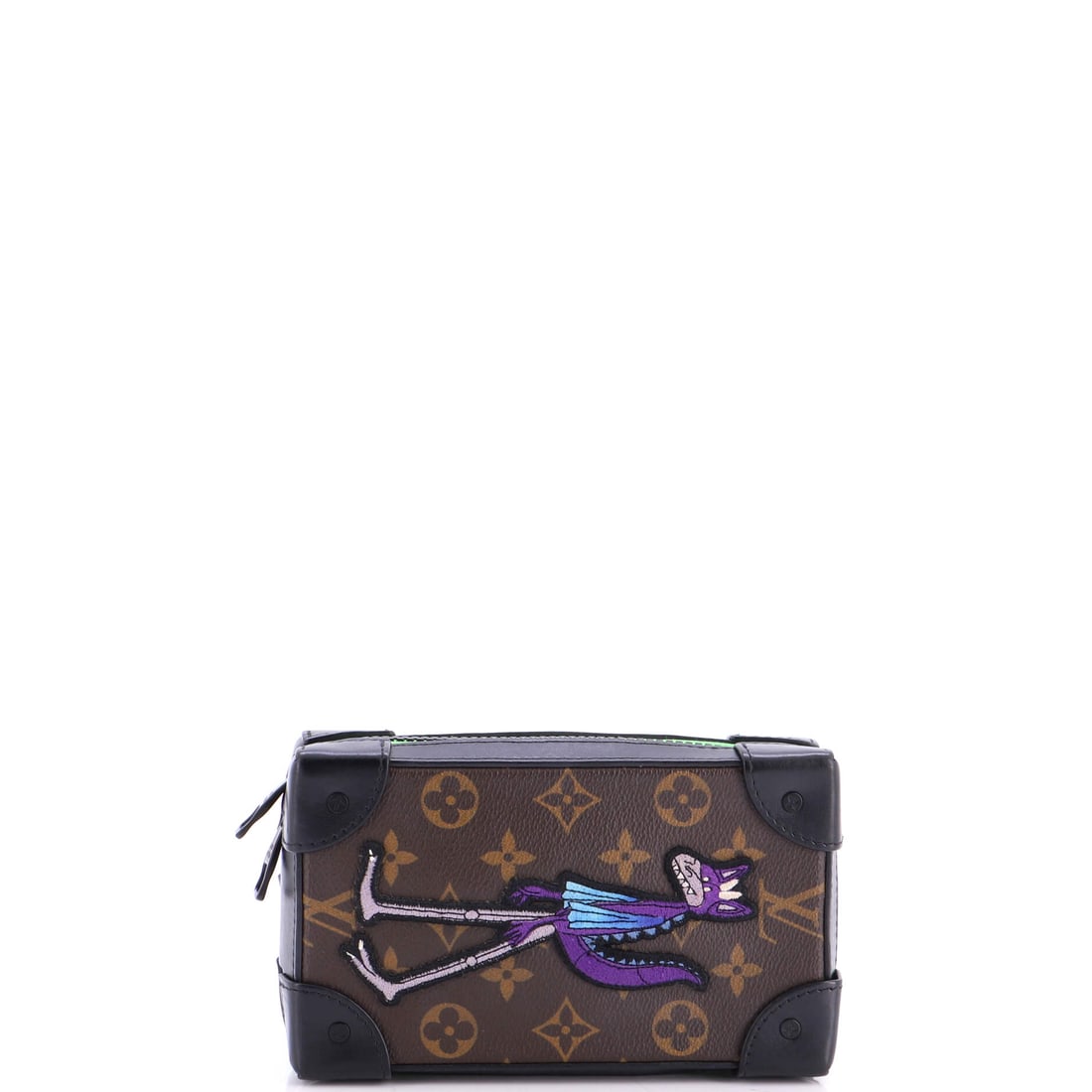Louis Vuitton Soft Trunk Phone Box Monogram Canvas with LV Friends Patch: Louis Vuitton Soft Trunk Phone Box, cut in Monogram canvas with LV Friends Patch. The trunk shape gone supple, holding its angles while losing the hard shell. Dimensions are 4.5"W x 7"H x 2"D, 20" str