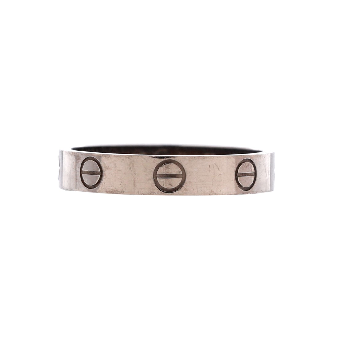 Cartier Love Wedding Band Ring 18K White Gold: 18K white gold, on a Cartier Love Wedding Band Ring. A narrow Love band, the screw heads spaced evenly for that quiet, recognizable line. A wearable Cartier piece at everyday scale rather than