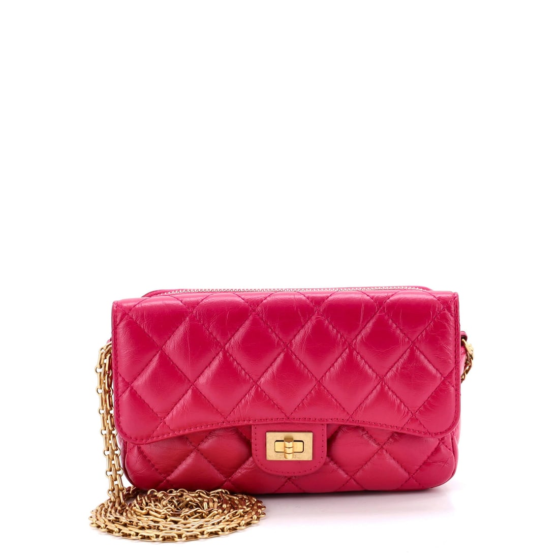 Chanel Reissue 2.55 Flap Phone Holder with Chain Quilted Aged Calfskin: Chanel Reissue 2.55 Flap Phone Holder with Chain, quilted aged calfskin. Carries the original flap codes, down to the mademoiselle lock and the chain-only strap. It carries at 6.5"W x 4"H x 1.5"D,
