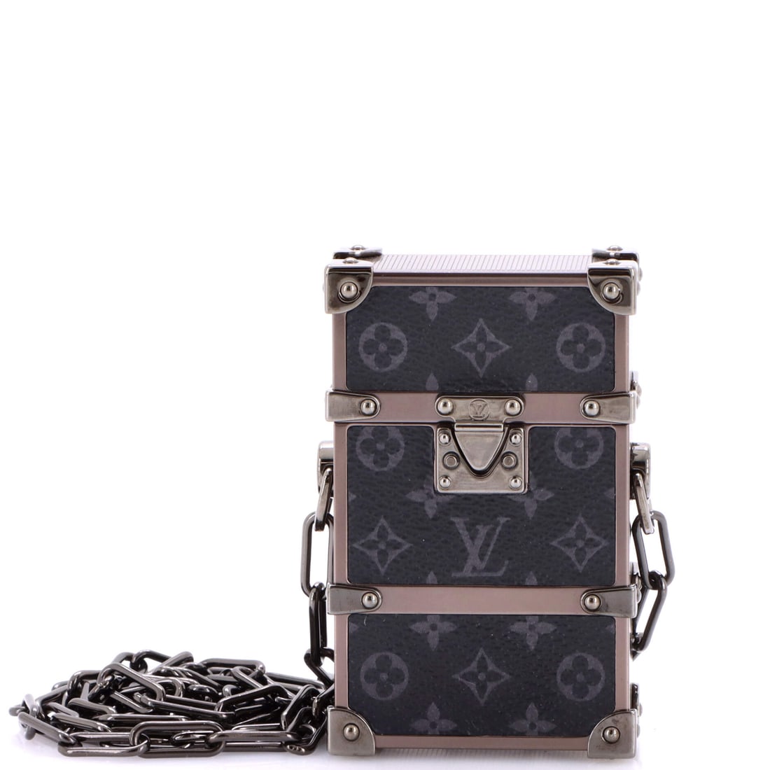 Louis Vuitton Trunk Box Pouch Monogram Eclipse Canvas: Louis Vuitton's Trunk Box Pouch in Monogram Eclipse canvas. A slim pouch for daily essentials. It carries at 2.5"W x 4"H x 1"D. Grade B - Excellent. Maison de Beaubigonne authenticity guaranteed.