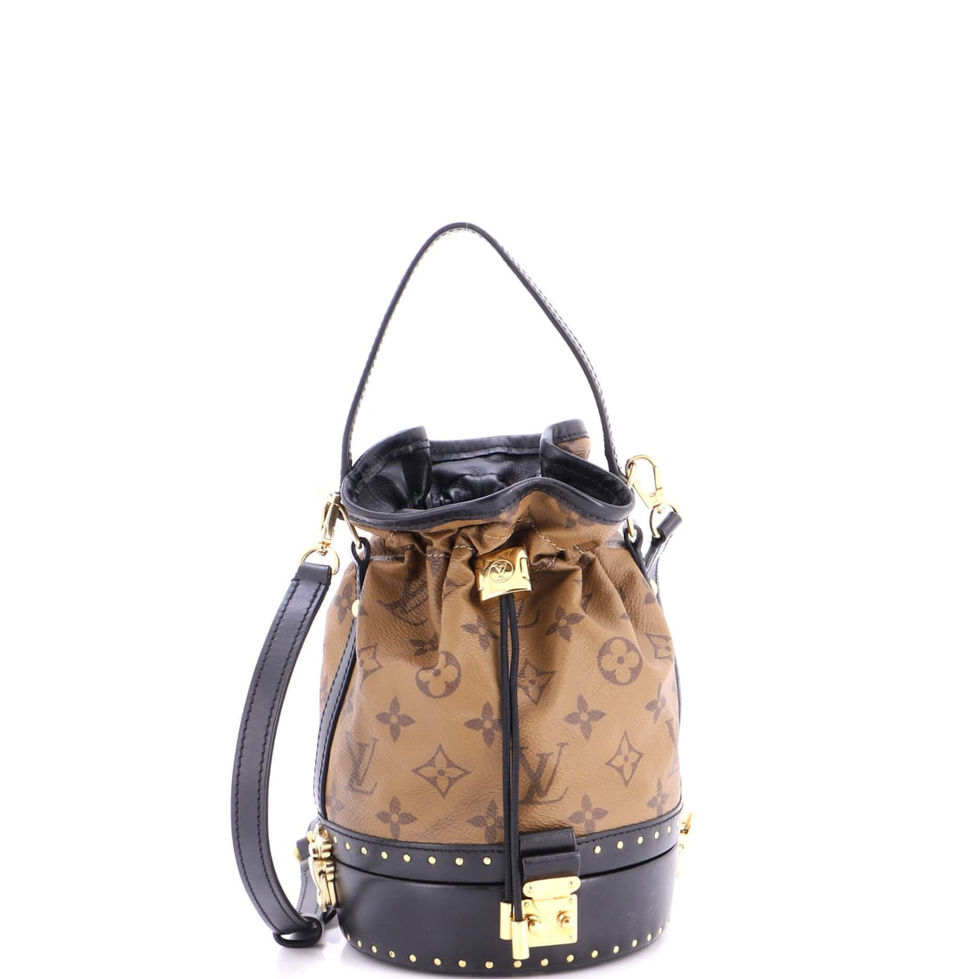 Louis Vuitton Petit Noe Trunk Bag Reverse Monogram Canvas: Reverse Monogram canvas on the Louis Vuitton Petit Noe Trunk Bag. A structured day bag that keeps its shape. At 7"W x 5.5"H x 5.5"D, the proportions read true to the line. Condition: J. Maison de Beau