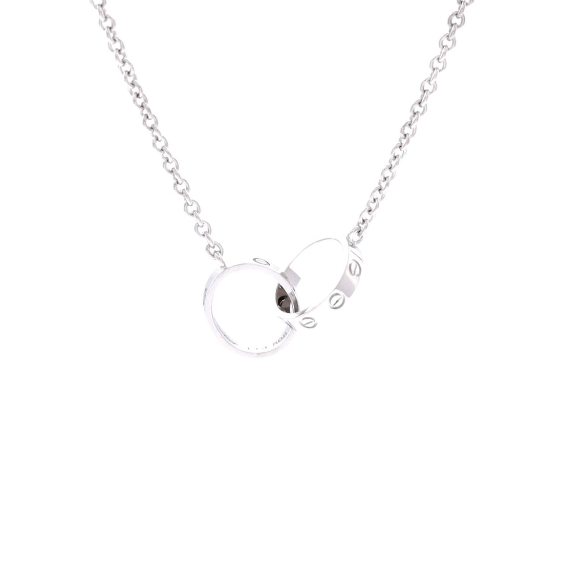 Cartier Love Interlocking Necklace 18K White Gold: Here, the Cartier Love Interlocking Necklace. The interlocking Love motif, screw heads carried across linked forms. It measures 17.25" in length. Grade C - Very Good. Maison de Beaubigonne authenticit