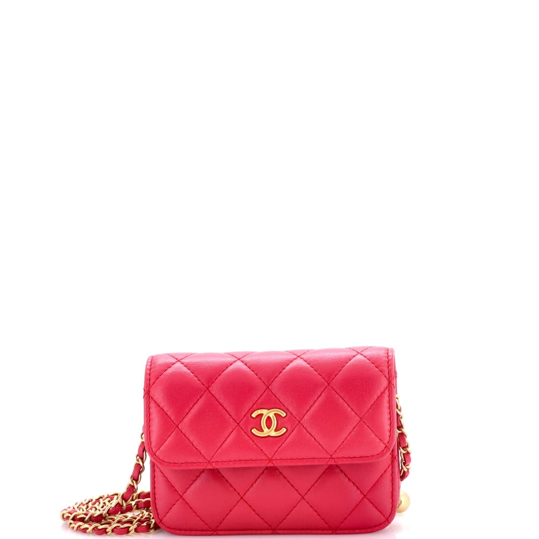 Chanel Pearl Crush Flap Clutch with Chain Quilted Lambskin: Chanel Pearl Crush Flap Clutch with Chain, cut in quilted lambskin. A small zip pouch, useful alone or inside a larger bag. It carries at 4.5"W x 3.5"H x 1"D, 14.5" strap drop. In Grade B - Excellent 