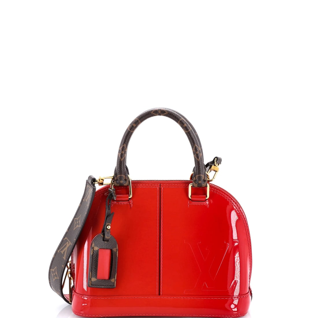 Louis Vuitton Alma Handbag Vernis with Monogram Canvas: Vernis with Monogram canvas, on a Louis Vuitton Alma Handbag. The curved top and structured base read sharp on the arm and tidy on a desk. Footprint is 9"W x 7.5"H x 4.5"D, 4" handle drop and 22.5" st