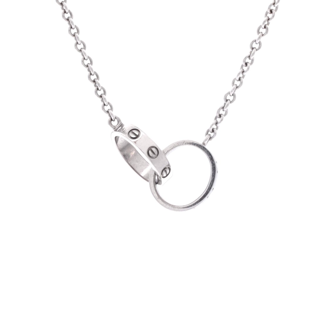 Cartier Love Interlocking Necklace 18K White Gold: 18K white gold defines this Cartier Love Interlocking Necklace. Linked rounds in the Love idiom, screw detailing tying the forms together. It measures 16.25" in length. Shows as Grade C - Very Good. M