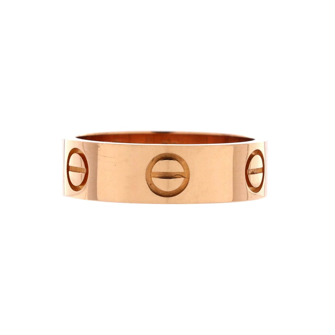 Cartier Love Band Ring 18K Rose Gold: Cartier's Love Band Ring, cut in 18K rose gold. The classic Love band width, screws marching around the full round for unmistakable presence. Fine-jewelry weight you can actually wear out of the box. 