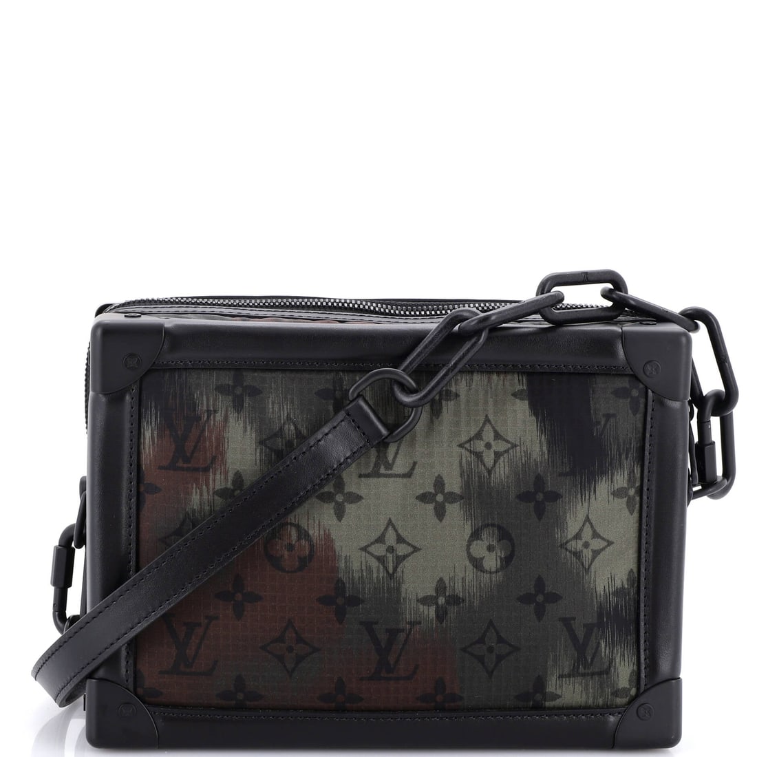 Louis Vuitton Soft Trunk Bag Limited Edition Camouflage Monogram Nylon: The Louis Vuitton Soft Trunk Bag. The trunk shape gone supple, holding its angles while losing the hard shell. It carries at 9.5"W x 7"H x 4"D, 23" strap drop. It is the size bidders chase for carry-o