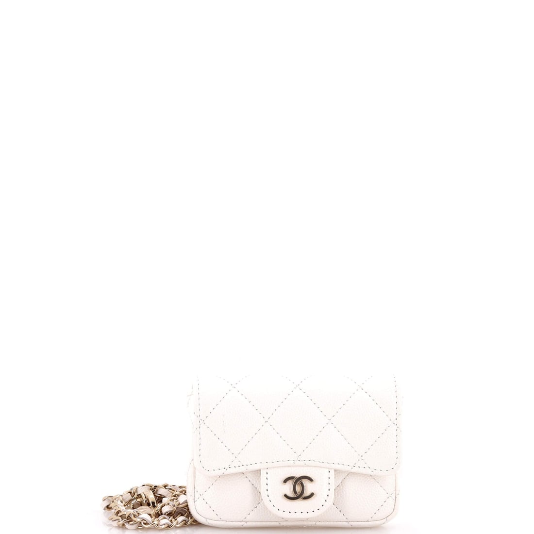 Chanel Classic Flap Chain Belt Bag Quilted Caviar: The Classic Flap Chain Belt Bag from Chanel, in quilted Caviar. Built on the turn-lock closure and chain-through-leather strap that anchor the house's flap bags. 4"W x 3"H x 1"D, 13.5" strap drop, so 