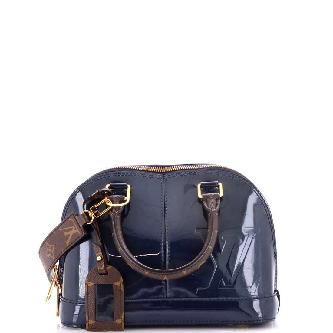 Louis Vuitton Alma Handbag Vernis with Monogram Canvas: Vernis with Monogram canvas defines this Louis Vuitton Alma Handbag. Its architectural curve and rigid frame give it a polished, stand-up presence. Dimensions are 9"W x 7.5"H x 4.5"D, 4" handle drop a