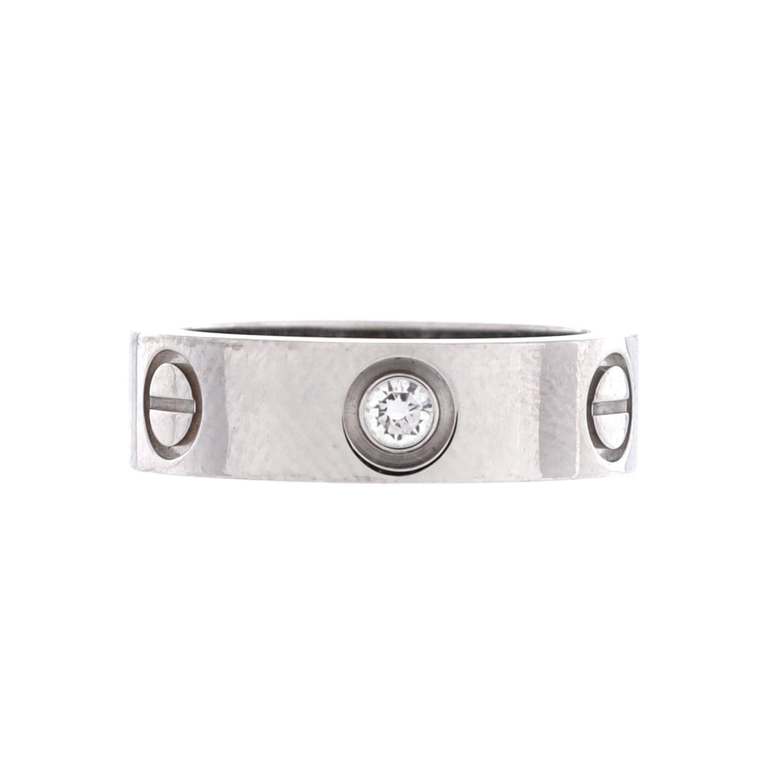 Cartier Love 3 Diamonds Band Ring 18K White Gold with Diamond: 18K white gold with diamond, on a Cartier Love 3 Diamonds Band Ring. The Love code at easy scale, the screw heads doing the recognizable work. Grade B - Excellent throughout. Maison de Beaubigonne aut