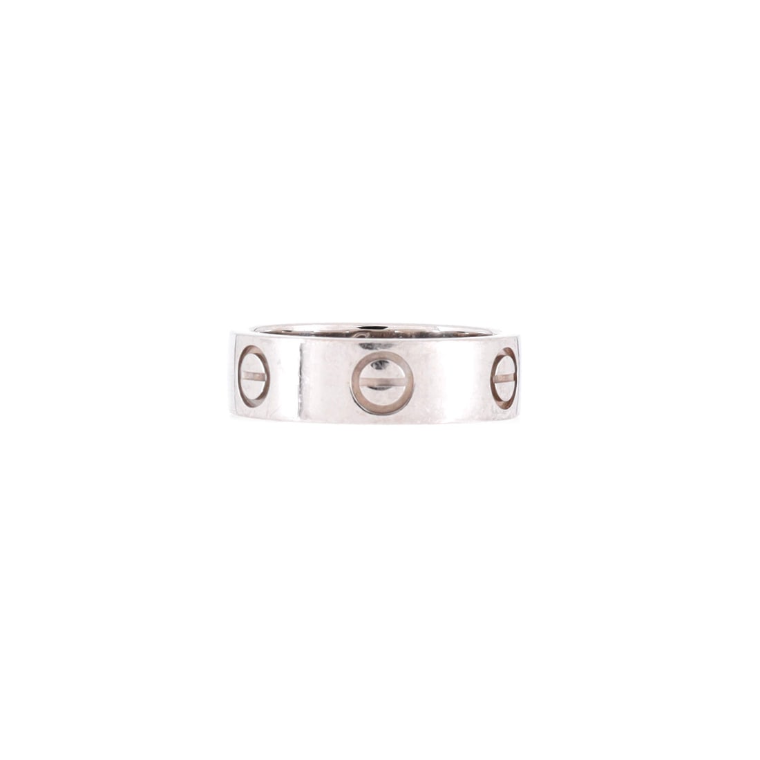 Cartier Love Band Ring Platinum: Platinum defines this Cartier Love Band Ring. A medium-width Love band, screw-motif running the full circumference for that instantly readable Cartier line. A wearable Cartier piece at everyday scale 