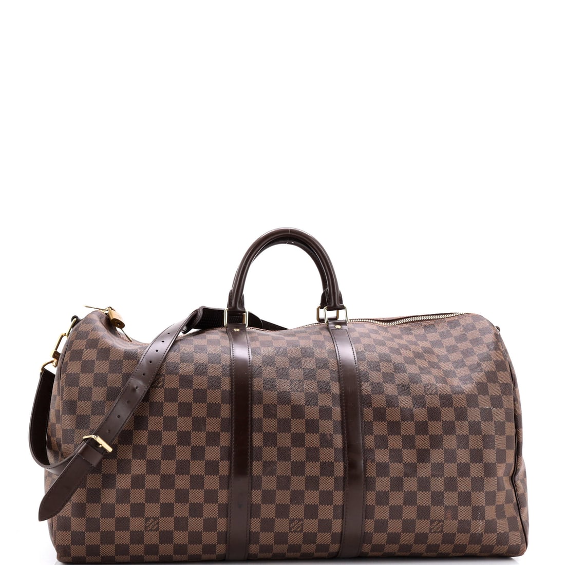 Louis Vuitton Keepall Bandouliere Bag Damier: Damier defines this Louis Vuitton Keepall Bandouliere Bag. The detachable strap is the difference here, freeing the hands for a passport or a coffee. It measures 22"W x 11"H x 9.5"D, 4" handle drop an