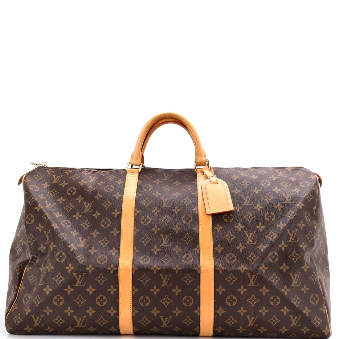 Louis Vuitton Keepall Bag Monogram Canvas: Monogram canvas defines this Louis Vuitton Keepall Bag. Light and collapsible, it earns its keep as the bag that lives by the door. It carries at 24"W x 13"H x 10"D, 4" handle drop and 28" strap drop.