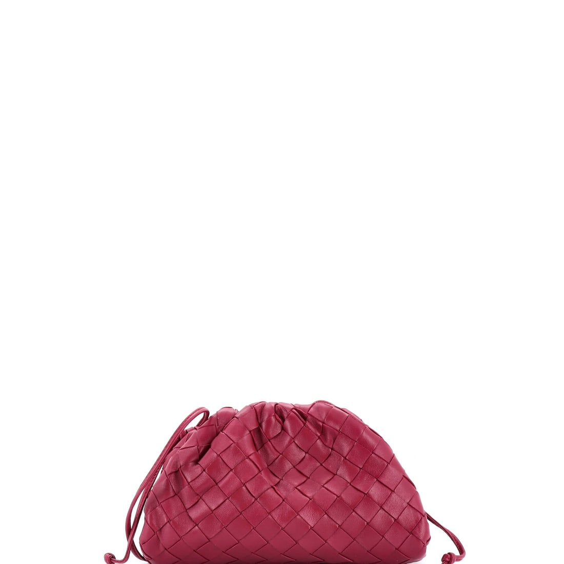 Bottega Veneta The Pouch Intrecciato Nappa: The Bottega Veneta The Pouch. A gathered, sculptural clutch that folds in on itself, equal parts evening bag and object. 9"W x 5"H x 2"D, 26" strap drop, so the scale is easy to picture. Presents in G