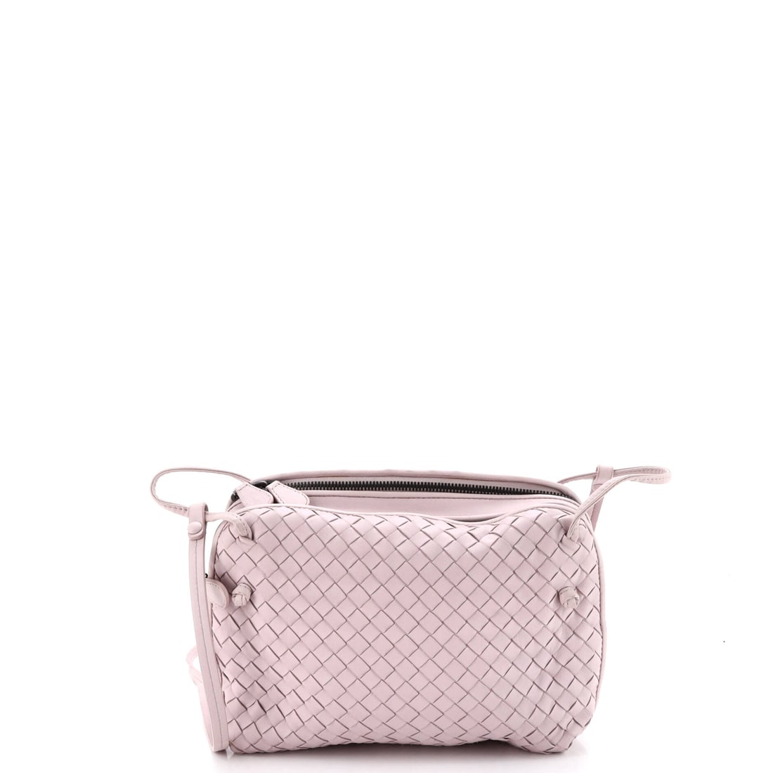 Bottega Veneta Double ZIp Nodini Crossbody Bag Intrecciato Nappa: Intrecciato nappa on the Bottega Veneta Double ZIp Nodini Crossbody Bag. A small woven crossbody sized for the phone-keys-cards run. It measures 9"W x 7"H x 2"D, 25" strap drop. The crossbody format i