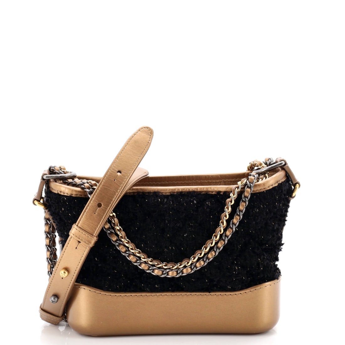 Chanel Gabrielle Hobo Quilted Tweed and Calfskin: Chanel's Gabrielle Hobo in quilted Tweed and calfskin. A suspended, between-the-shoulders hobo that swings easily from day to night. It measures 7.5"W x 6"H x 3"D, 16" handle drop and 29" strap drop. 
