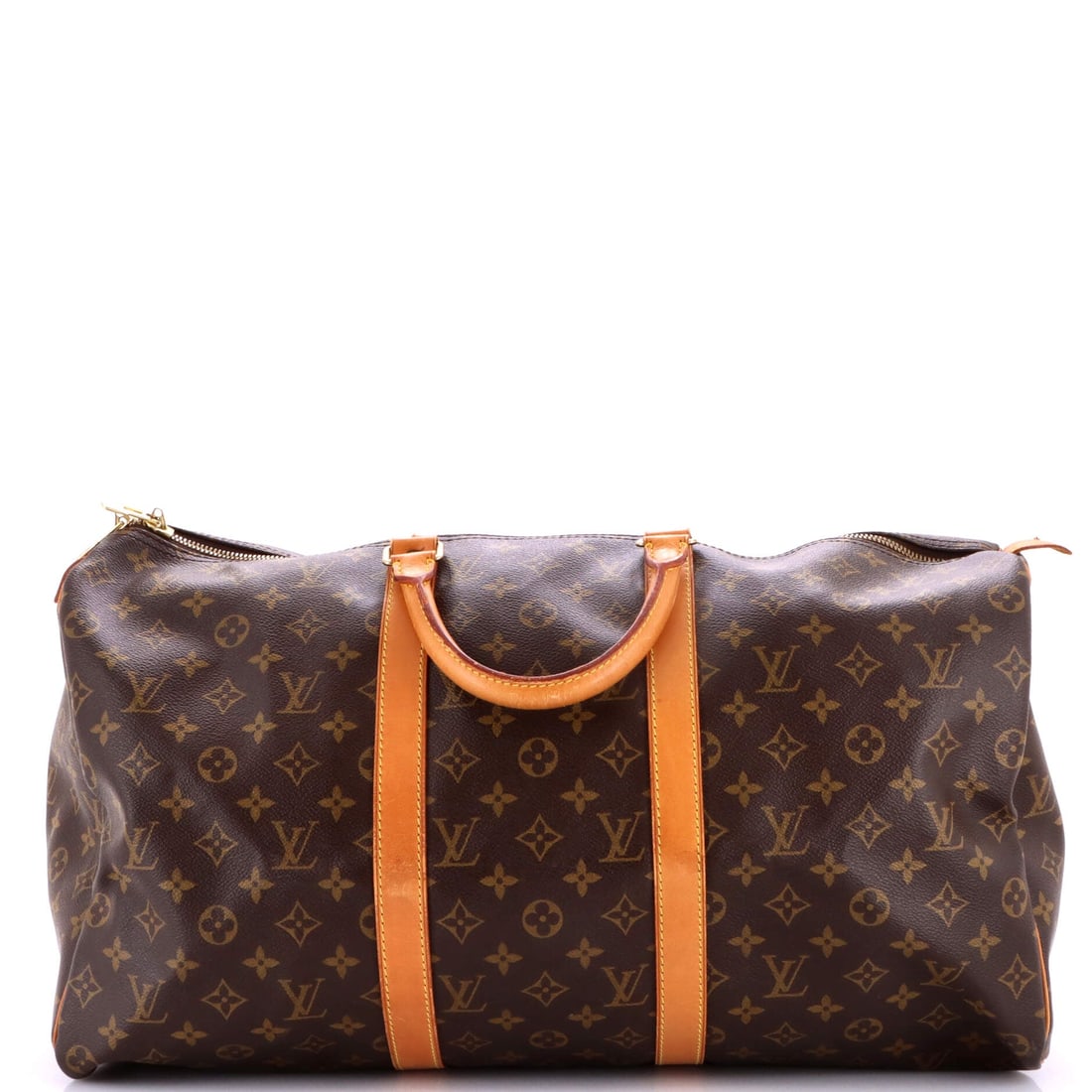 Louis Vuitton Keepall Bag Monogram Canvas: Monogram canvas defines this Louis Vuitton Keepall Bag. Light and collapsible, it earns its keep as the bag that lives by the door. Measurements run 19.5"W x 10"H x 8"D, 4" handle drop and 5" strap dr