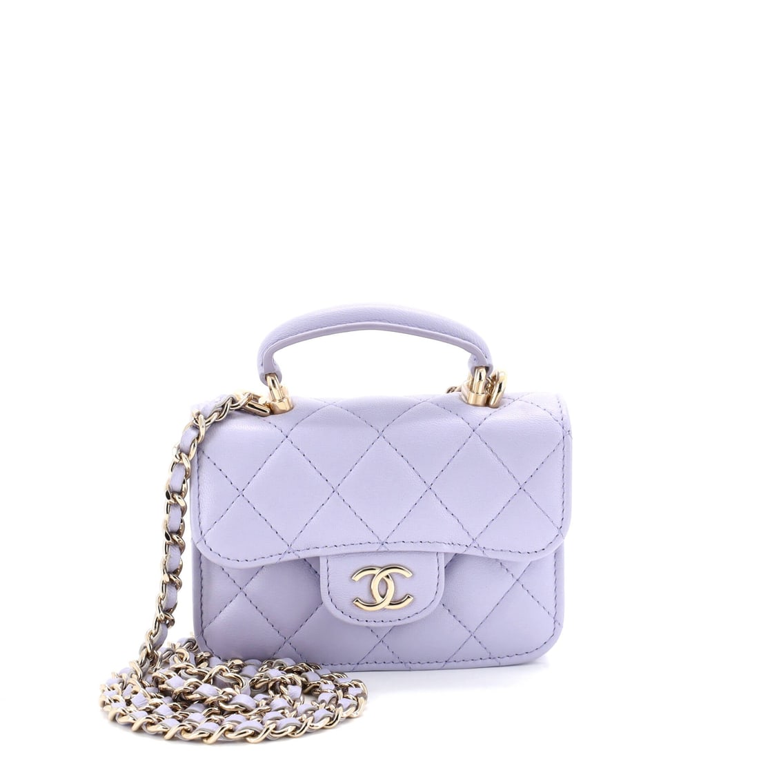 Chanel Top Handle Flap Coin Purse with Chain Quilted Lambskin: The Top Handle Flap Coin Purse with Chain from Chanel, in quilted lambskin. A structured day bag that keeps its shape. At 4.5"W x 3.5"H x 1.5"D, 1.5" handle drop and 21.5" strap drop, the proportions 