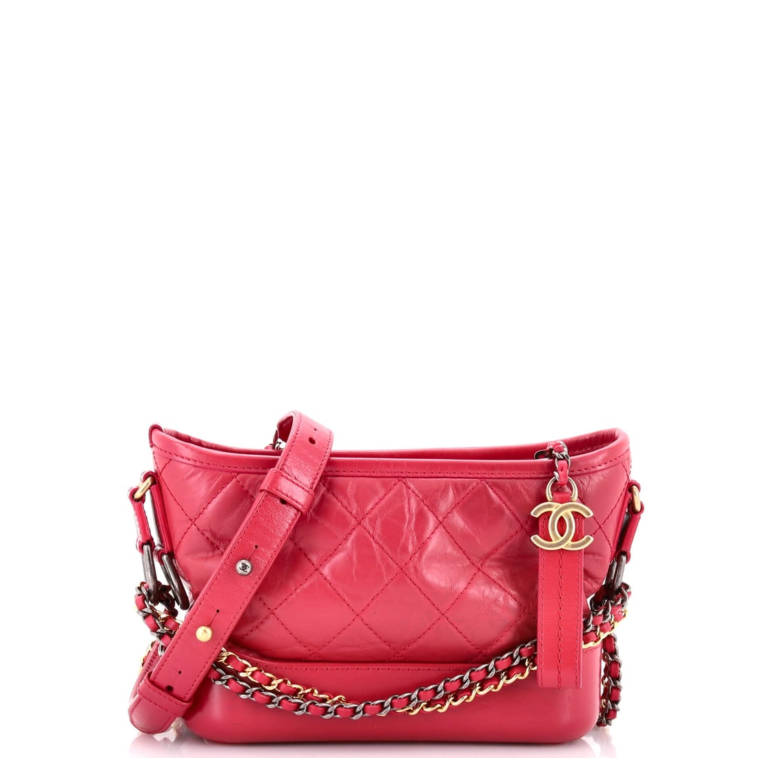 Chanel Gabrielle Hobo Quilted Aged Calfskin: Chanel Gabrielle Hobo, quilted aged calfskin. The double-chain strap lets it ride high on the shoulder or long across the body, a genuinely versatile hobo. At 8"W x 6"H x 3"D, 16" handle drop and 27" 