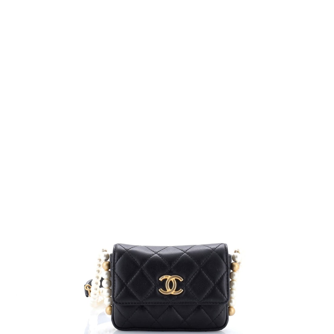 Chanel About Pearls Flap Card Holder with Chain Quilted Calfskin: The Chanel About Pearls Flap Card Holder with Chain. A structured day bag that keeps its shape. It measures 5"W x 3.5"H x 1.5"D, 21." strap drop. Offered in Grade C - Very Good condition. Maison de Be