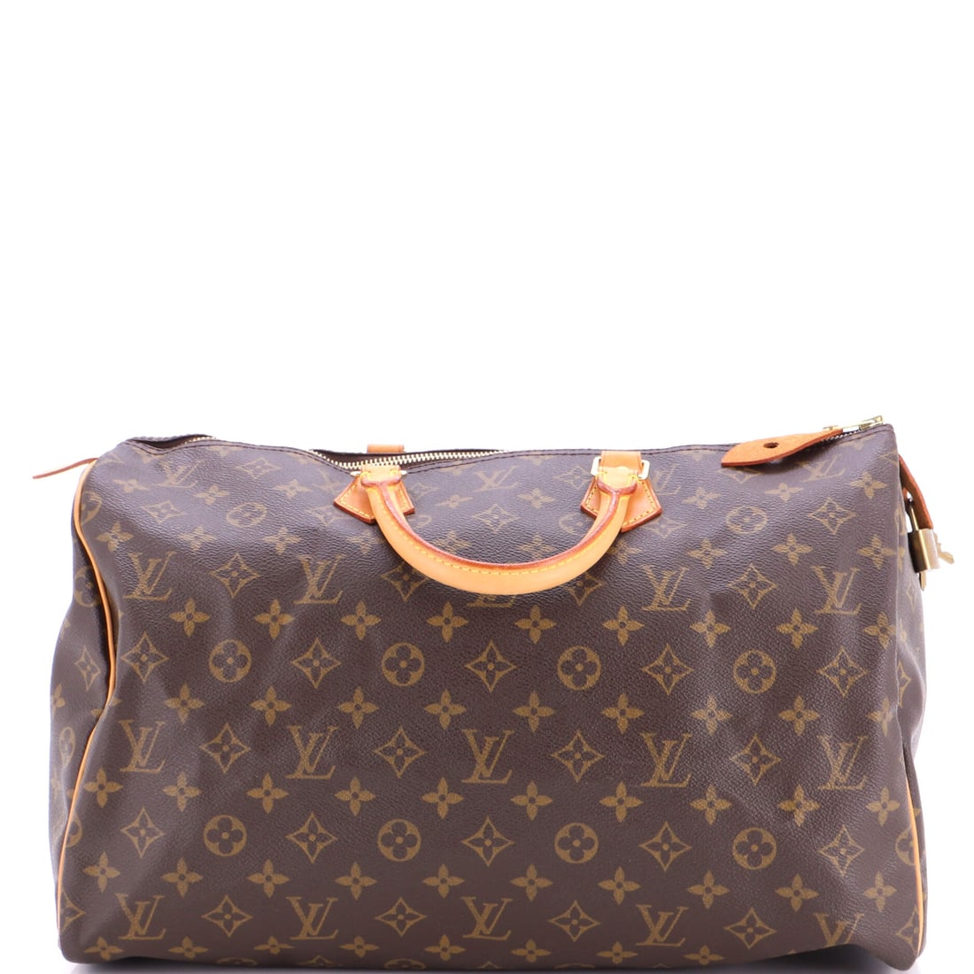 Louis Vuitton Speedy Handbag Monogram Canvas: Monogram canvas on the Louis Vuitton Speedy Handbag. Small, firm and quick to open, it is the go-bag the line built its name on. It carries at 16"W x 10"H x 7"D, 3" handle drop. A polished day bag tha