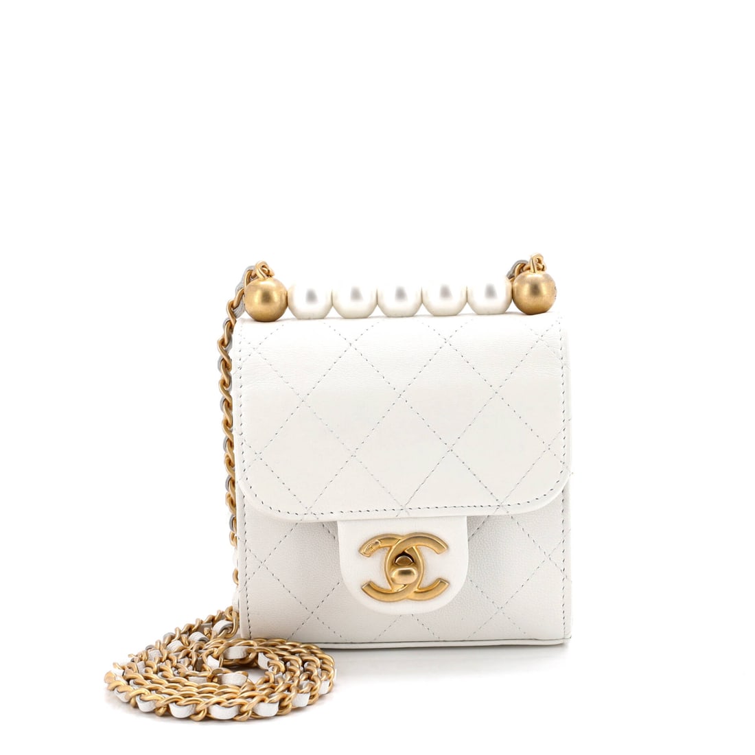 Chanel Chic Pearls Flap Clutch with Chain Quilted Goatskin: Chanel's Chic Pearls Flap Clutch with Chain, cut in quilted goatskin. A slim pouch for daily essentials. Dimensions are 5"W x 5"H x 2"D, 24" strap drop. Comes in Grade C - Very Good condition. Maison 