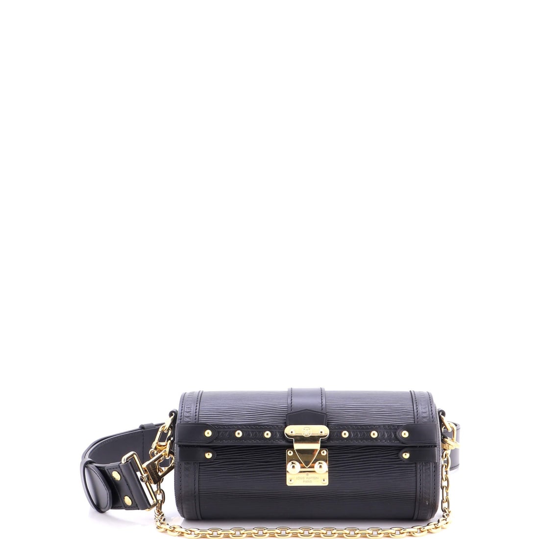 Louis Vuitton Papillon Trunk Bag Epi Leather: Louis Vuitton Papillon Trunk Bag in Epi leather. A clean-lined handbag built for everyday carry. It carries at 8"W x 4"H x 4"D, 8" handle drop and 22" strap drop. Offered in Grade B - Excellent condit