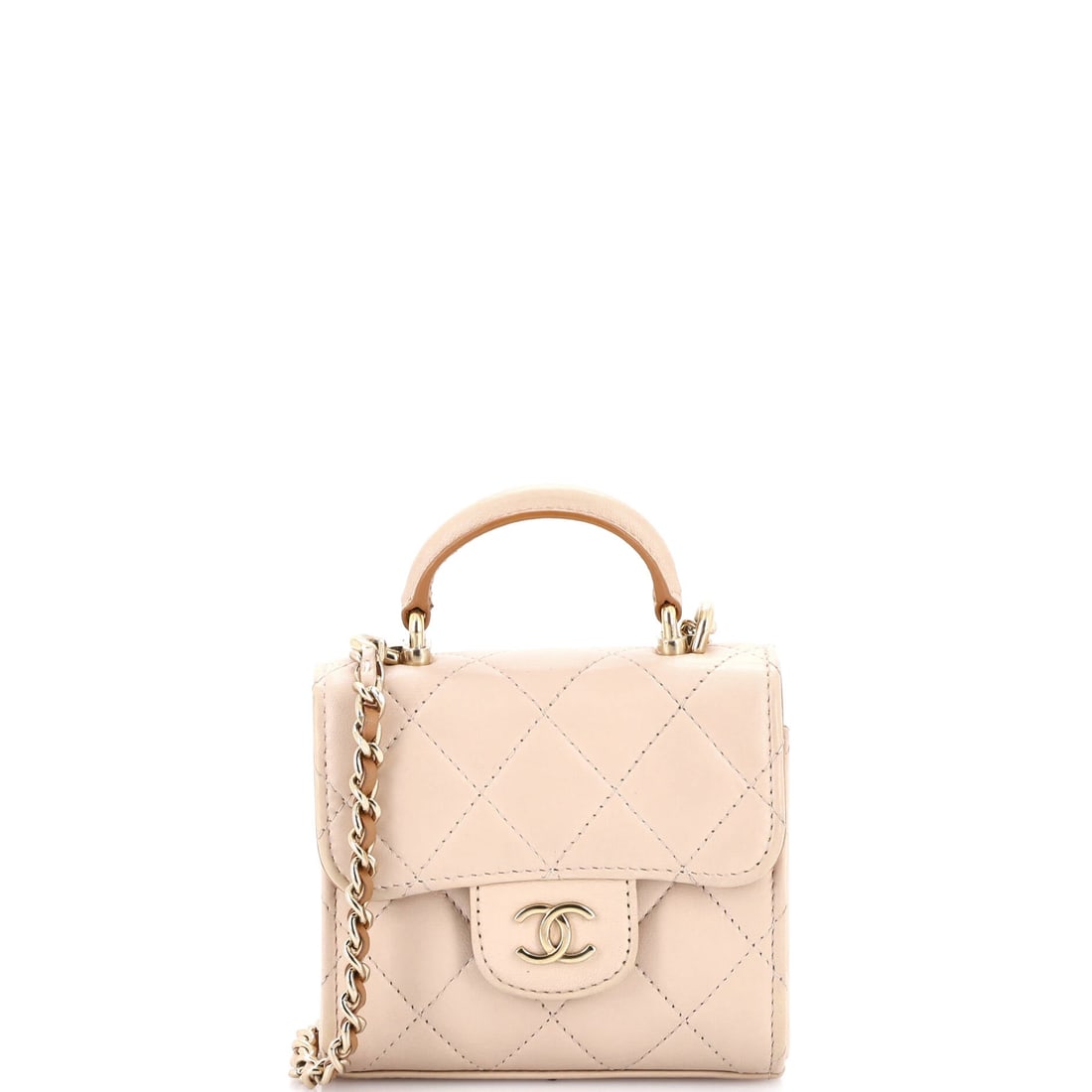 Chanel Square Classic Flap Top Handle Clutch with Chain Quilted Lambskin: Quilted lambskin, on a Chanel Square Classic Flap Top Handle Clutch with Chain. Built on the turn-lock closure and chain-through-leather strap that anchor the house's flap bags. It measures 5"W x