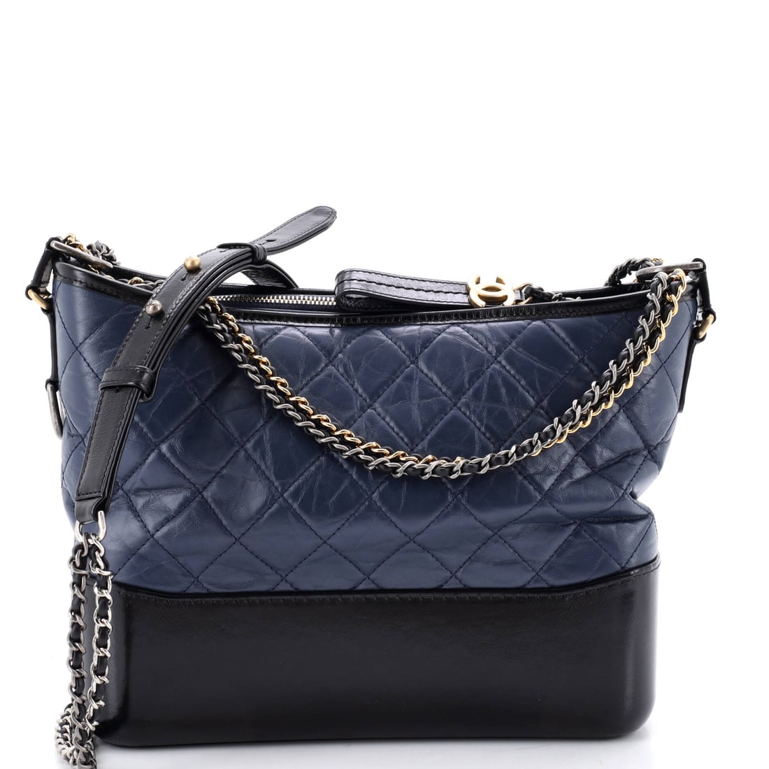 Chanel Gabrielle Hobo Quilted Aged Calfskin: Chanel Gabrielle Hobo. The double-chain strap lets it ride high on the shoulder or long across the body, a genuinely versatile hobo. At 11"W x 10"H x 4"D, 17" handle drop and 28" strap drop, the propo