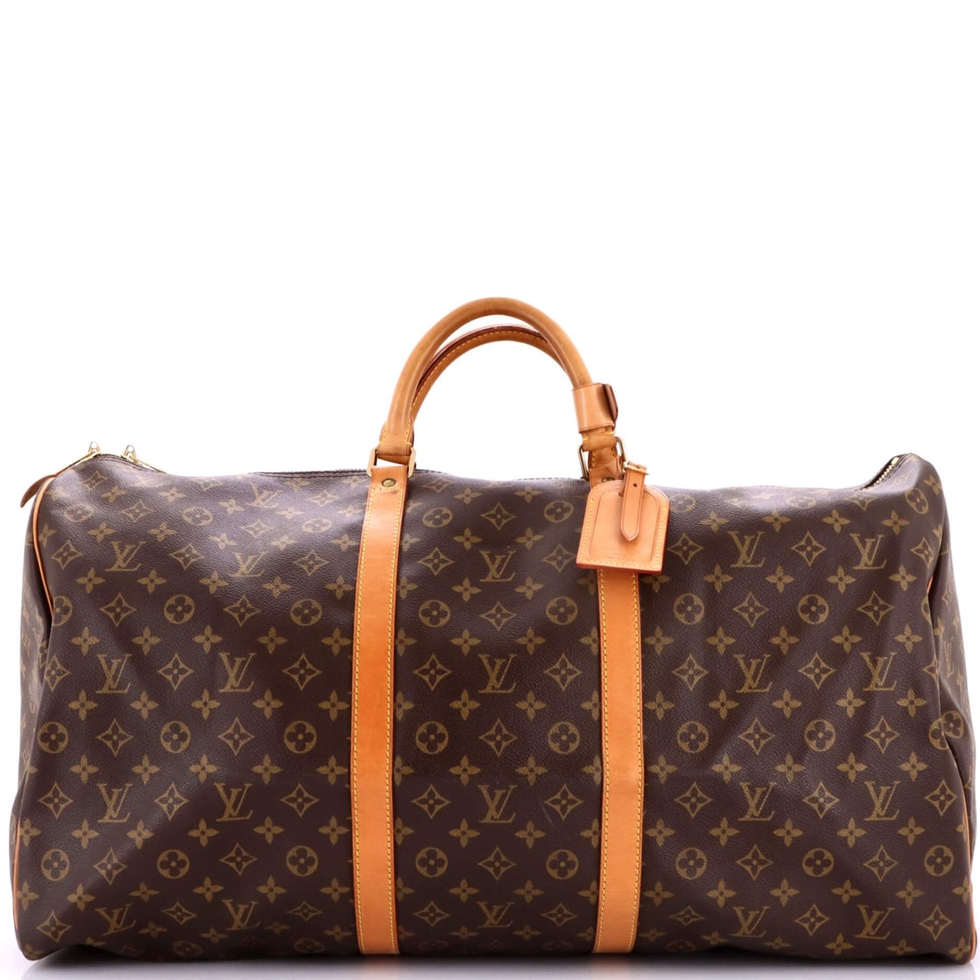 Louis Vuitton Keepall Bag Monogram Canvas: Louis Vuitton Keepall Bag, Monogram canvas. Light and collapsible, it earns its keep as the bag that lives by the door. Measurements run 23"W x 13"H x 10"D, 4" handle drop and 28" strap drop. Grade D 