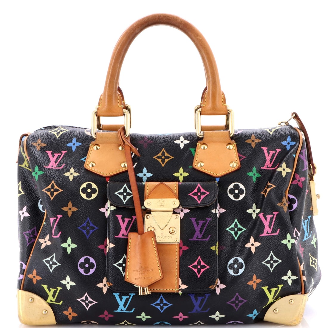 Louis Vuitton Speedy Handbag Monogram Multicolor: A Louis Vuitton Speedy Handbag in Monogram multicolor. A barrel silhouette with a single zip and short handles, made for in-and-out daily use. At 12"W x 8"H x 7"D, 3.5" handle drop and 23" strap drop,