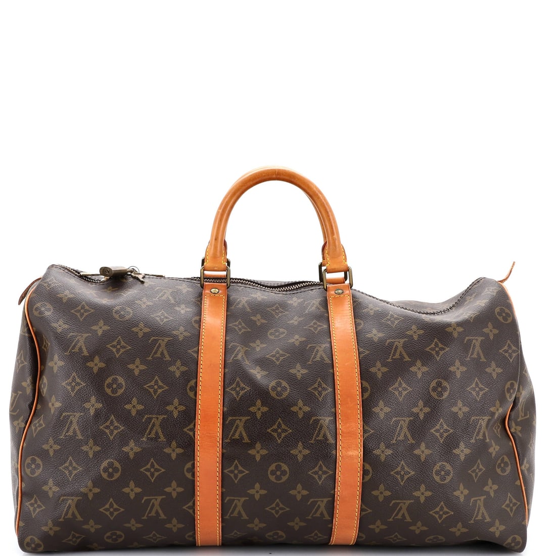 Louis Vuitton Keepall Bag Monogram Canvas: Monogram canvas defines this Louis Vuitton Keepall Bag. A gym-to-getaway duffel that holds two or three days without looking overstuffed. Footprint is 20"W x 11"H x 9"D, 4" handle drop and 24" strap d