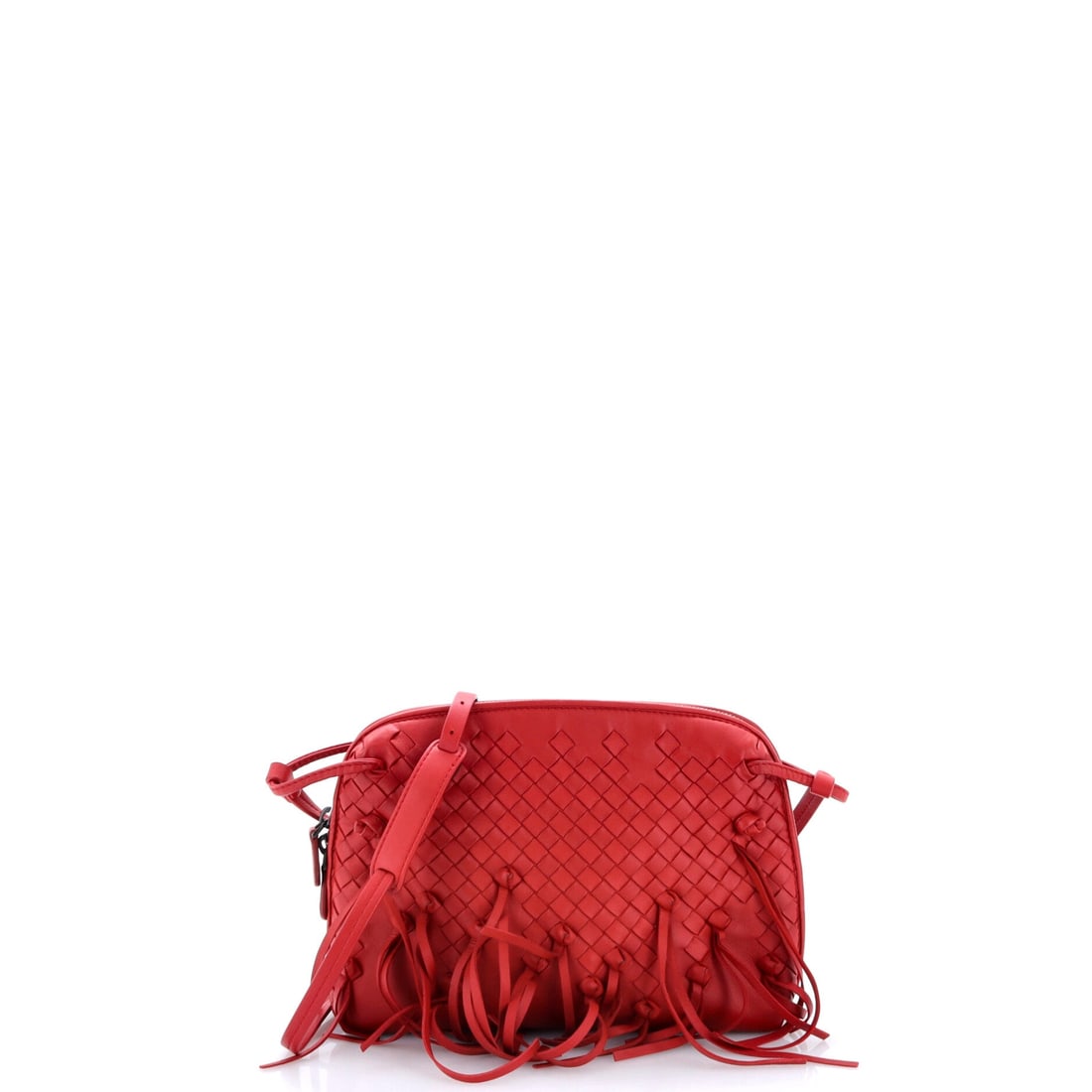 Bottega Veneta Nodini Crossbody Bag Fringe Intrecciato Nappa: Bottega Veneta Nodini Crossbody Bag, cut in Fringe Intrecciato nappa. A small woven crossbody sized for the phone-keys-cards run. At 9"W x 7"H x 2"D, 16" strap drop, the proportions read true to the l