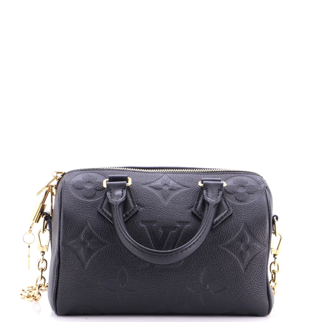 Louis Vuitton Speedy Bandouliere Bag Monogram Empreinte Giant: Monogram Empreinte Giant defines this Louis Vuitton Speedy Bandouliere Bag. The added strap lets the barrel shape ride crossbody, which is most of why this version sells. Sized at 8"W x 5.5"H x 5"D, 3
