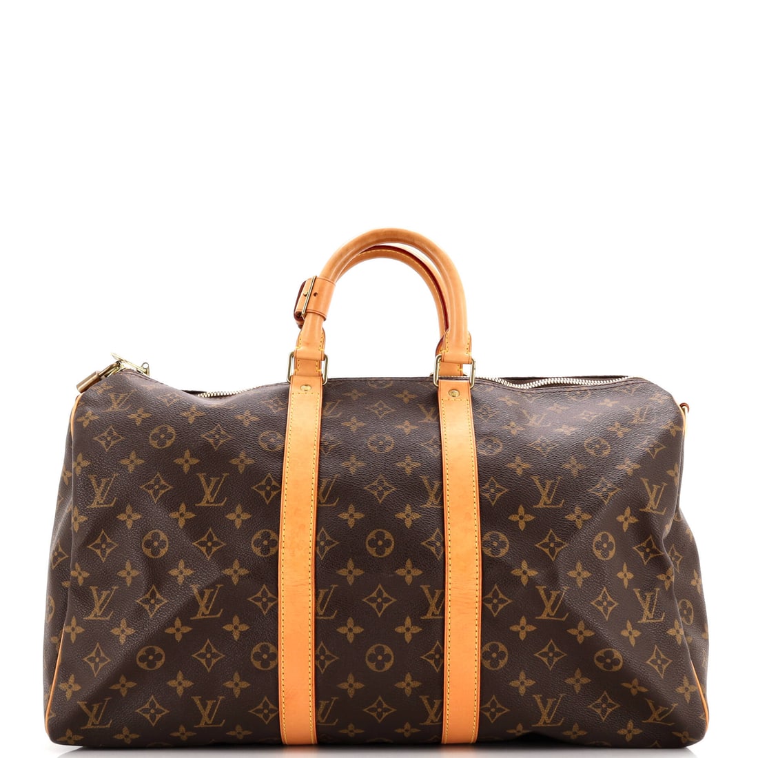 Louis Vuitton Keepall Bandouliere Bag Monogram Canvas: A Louis Vuitton Keepall Bandouliere Bag in Monogram canvas. A weekender that works as a hand-carry or swings crossbody, depending on the day. It measures 18.5"W x 11"H x 8"D, 4" handle drop and 20" st