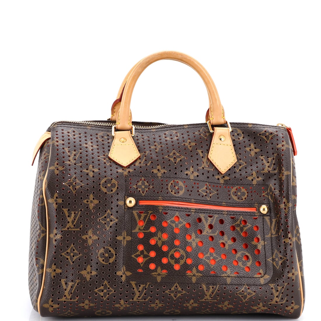 Louis Vuitton Speedy Handbag Perforated Monogram Canvas: Louis Vuitton's Speedy Handbag, cut in Perforated Monogram canvas. The rounded, top-zip city bag that reads instantly without shouting, with a shape that holds up to daily handling. 12"W x 8"H x 6.5"D