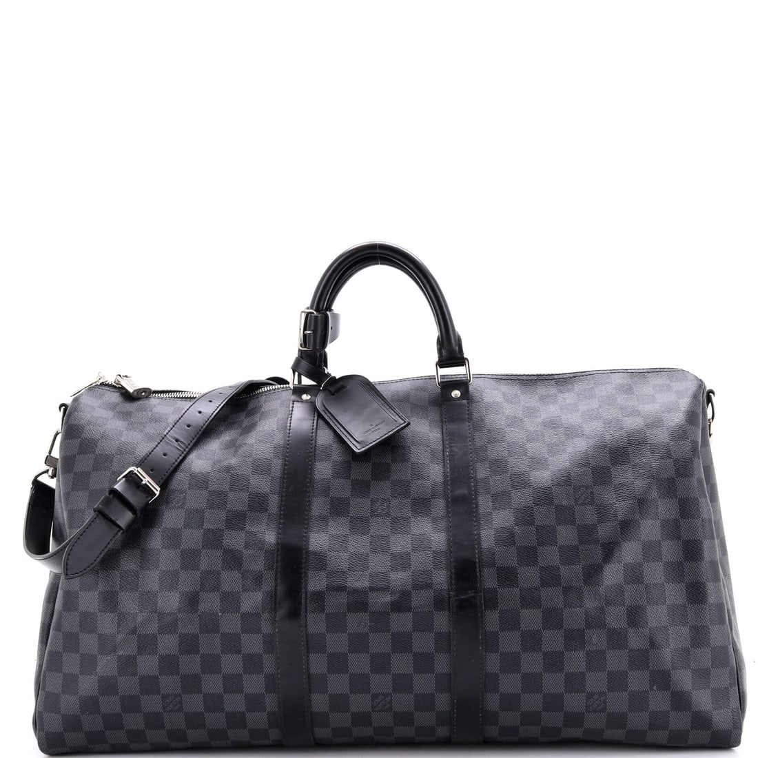 Louis Vuitton Keepall Bandouliere Bag Damier Graphite: The Louis Vuitton Keepall Bandouliere Bag. Strap on, it is an airport bag; strap off, a clean overnight duffel. Sized at 22"W x 12"H x 10"D, 4.5" handle drop and 23" strap drop. Grade D - Good through